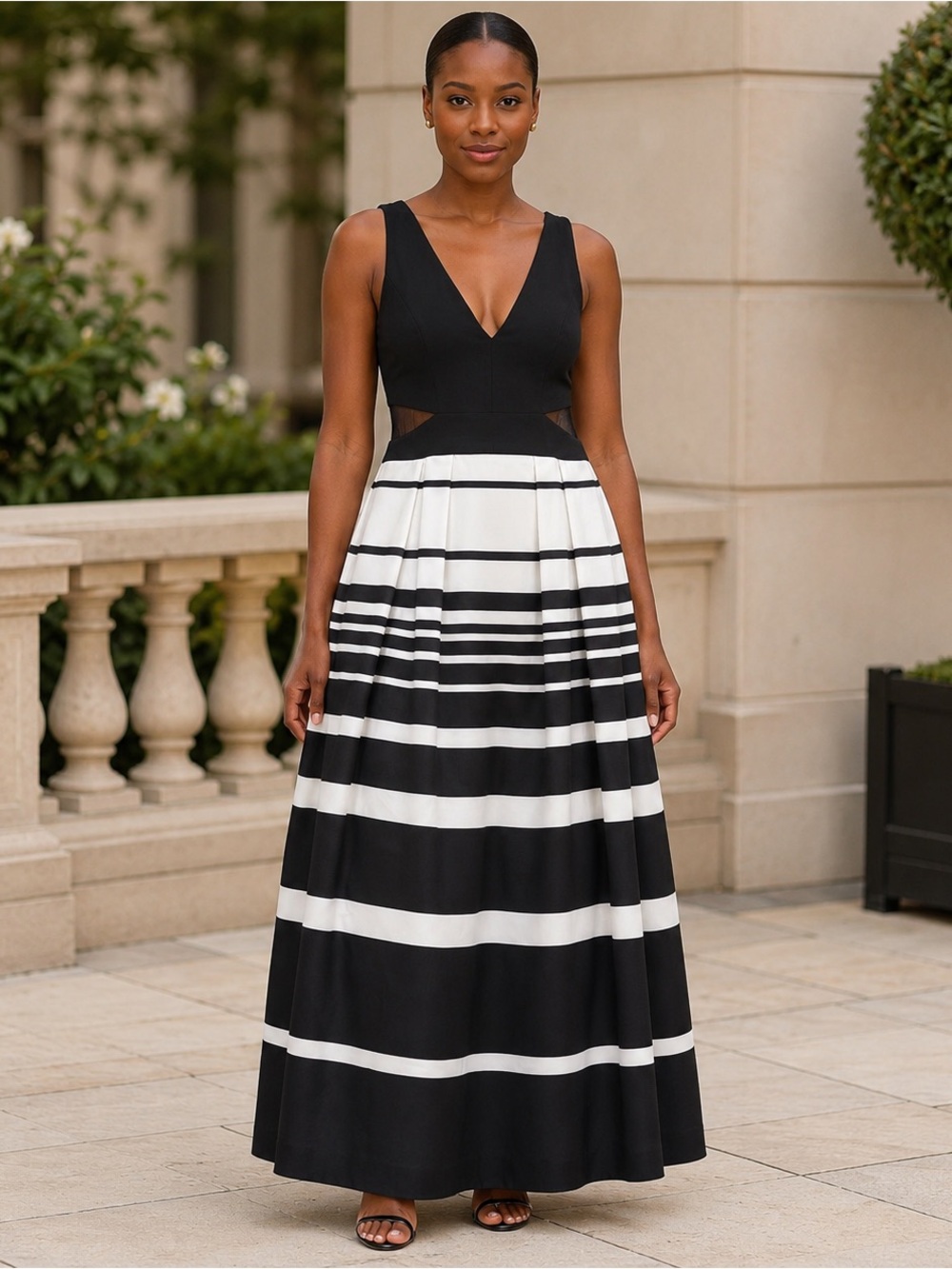 Xscape Black & White Striped V-Neck Maxi Dress